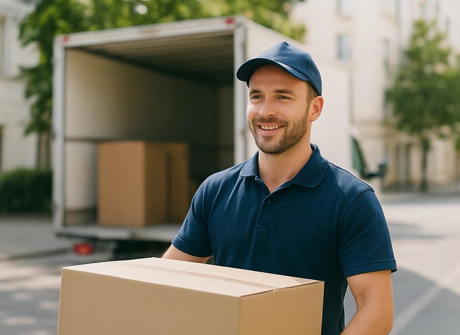 Déménageur professionnel portant un carton devant son camion de déménagement